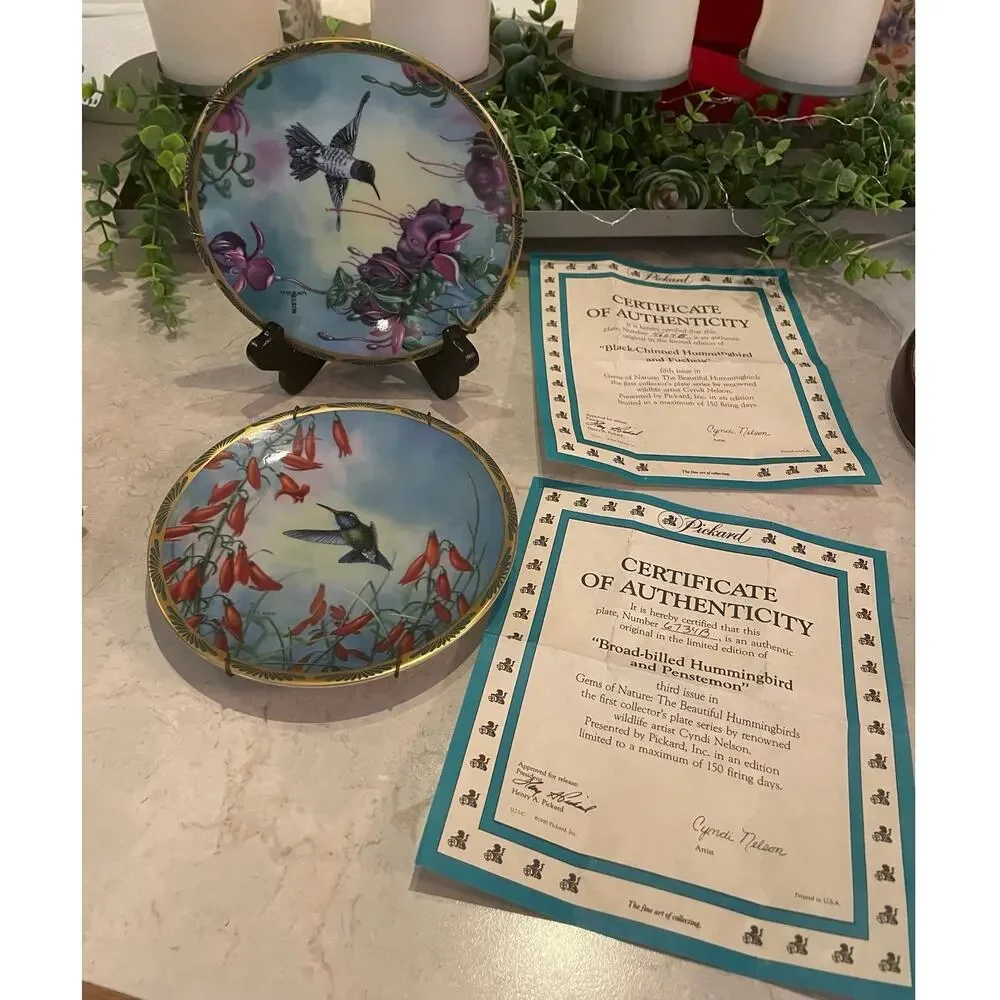 Vintage Picard plates signed hummingbird plates by wildlife artist, Cindy Nelson